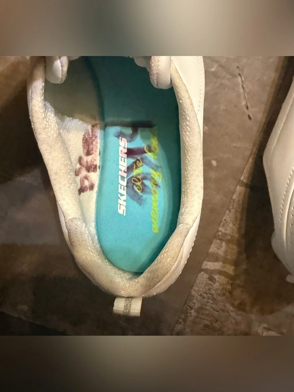 NWOT Skechers Women’s White Slip-On Casual Sneakers (w/ initials on Blue Insole)